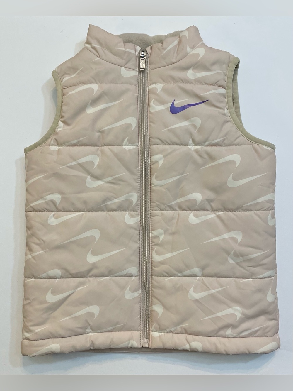 Nike Beige Quilted Puffer Vest - Swoosh Pattern + Purple Logo - Girls Medium (6)